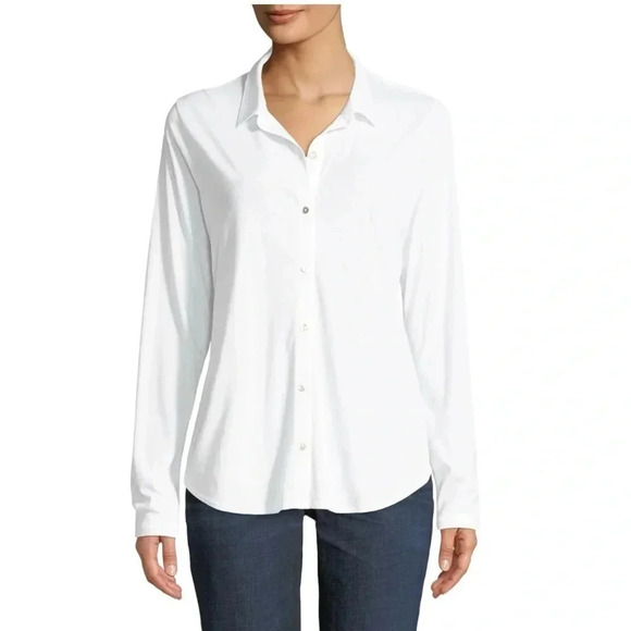 EILEEN FISHER | White Fine TENCEL Organic Cotton Jersey Collared Shirt Size SP - Picture 2 of 11
